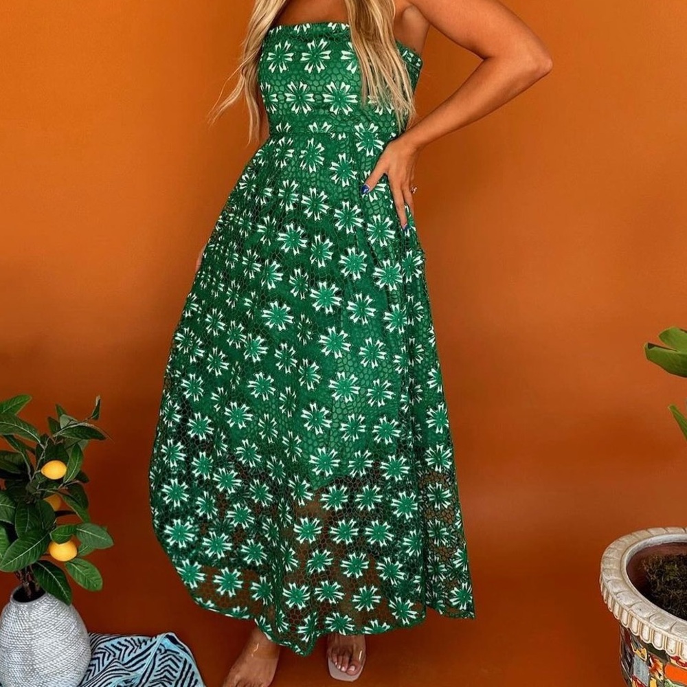Green strapless midi dress